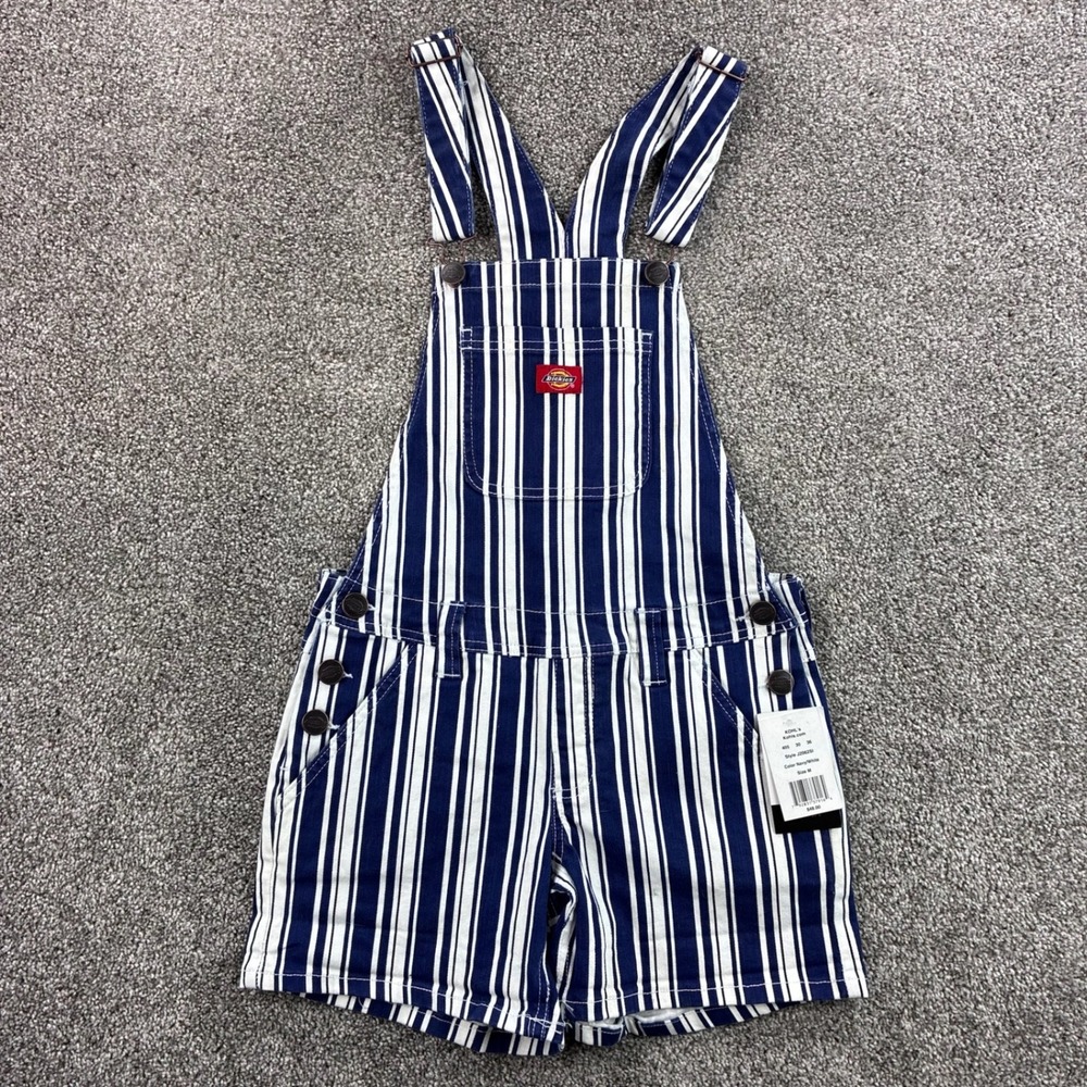 NEW Dickies Shortall Overalls Women's M Navy White Stripe Comfort Stretch